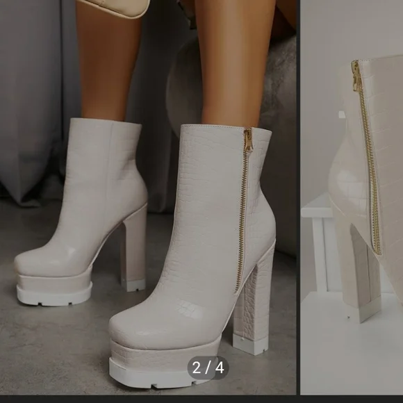 Crocodile Embossed block heel zip up  Boots (white) - Picture 3 of 8